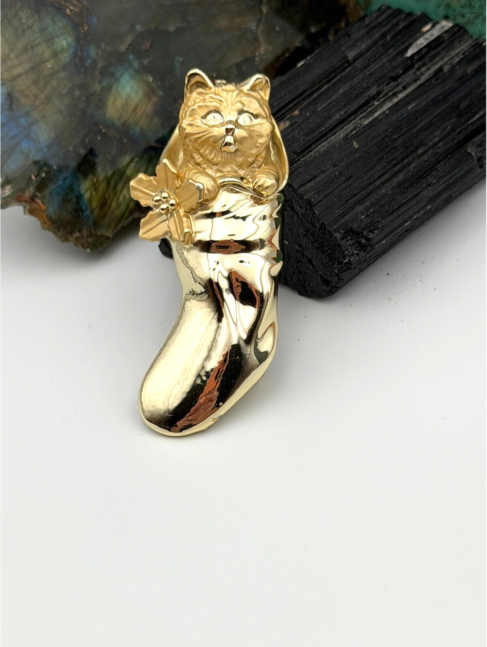 Vintage Gold-Tone AJC Cat in Stocking Brooch